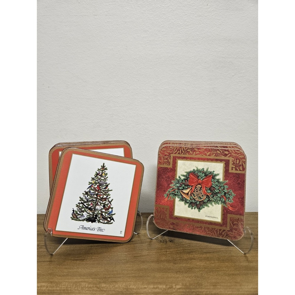 Pimpernel 1970s Cork Back Coasters 11pc America's Tree Holly Celebration Lot